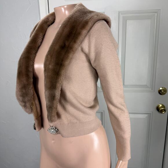 Vintage 60s Turbo Orlon Cashmere Women's Sweater XS/S Cardigan Faux Fur WW9 - Picture 2 of 5